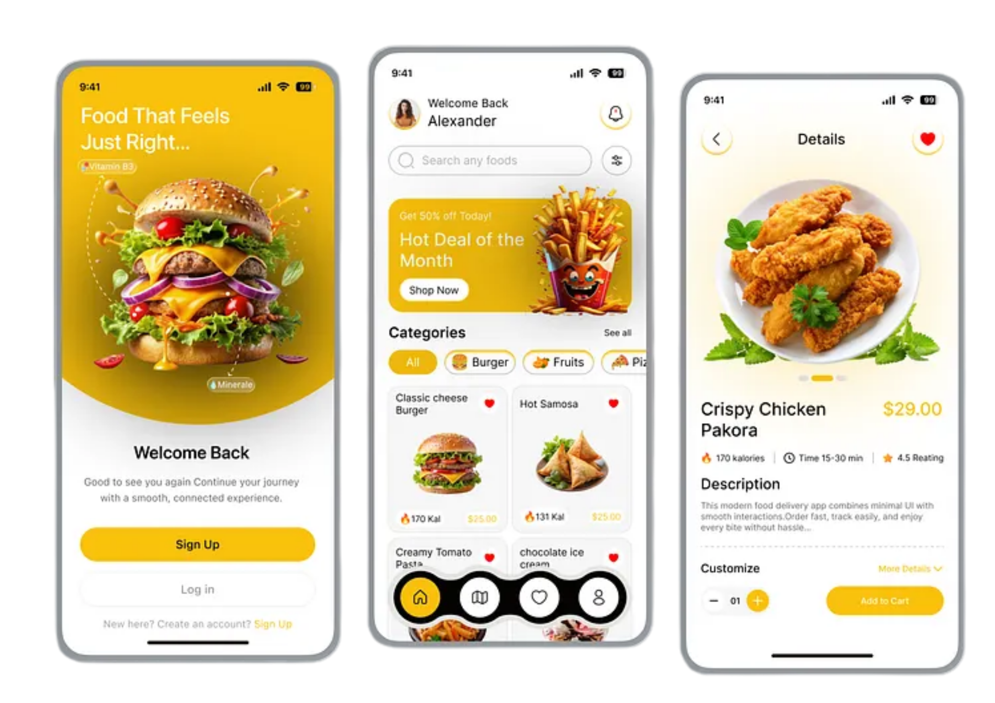 Three polished food-delivery app screens demonstrating onboarding, menu browsing, and product customization